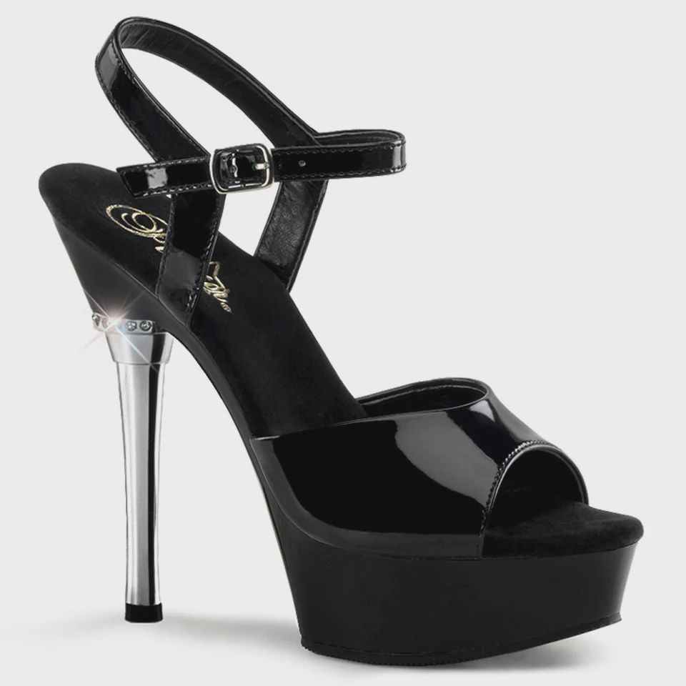 Black platform high-heel sandal with ankle strap and clear stiletto heel.