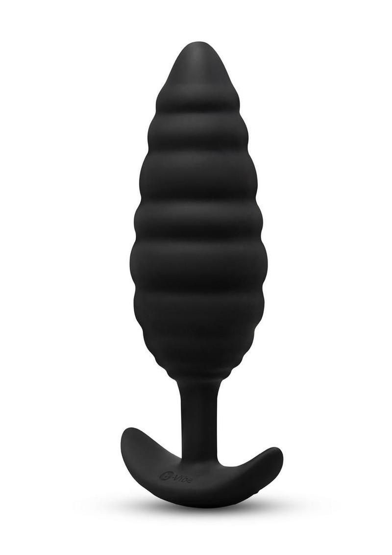 Black ribbed anal plug with a curved base on a white background