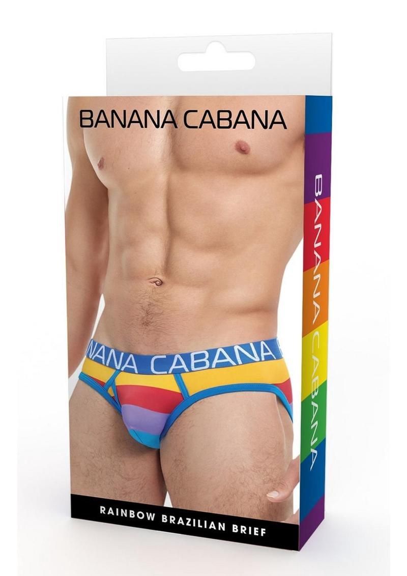Packaging for Banana Cabana rainbow Brazilian briefs on a male model, with multicolored waistband and side panel