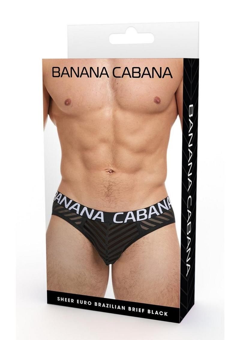 Banana Cabana men’s black bikini underwear package with a male torso model on the front