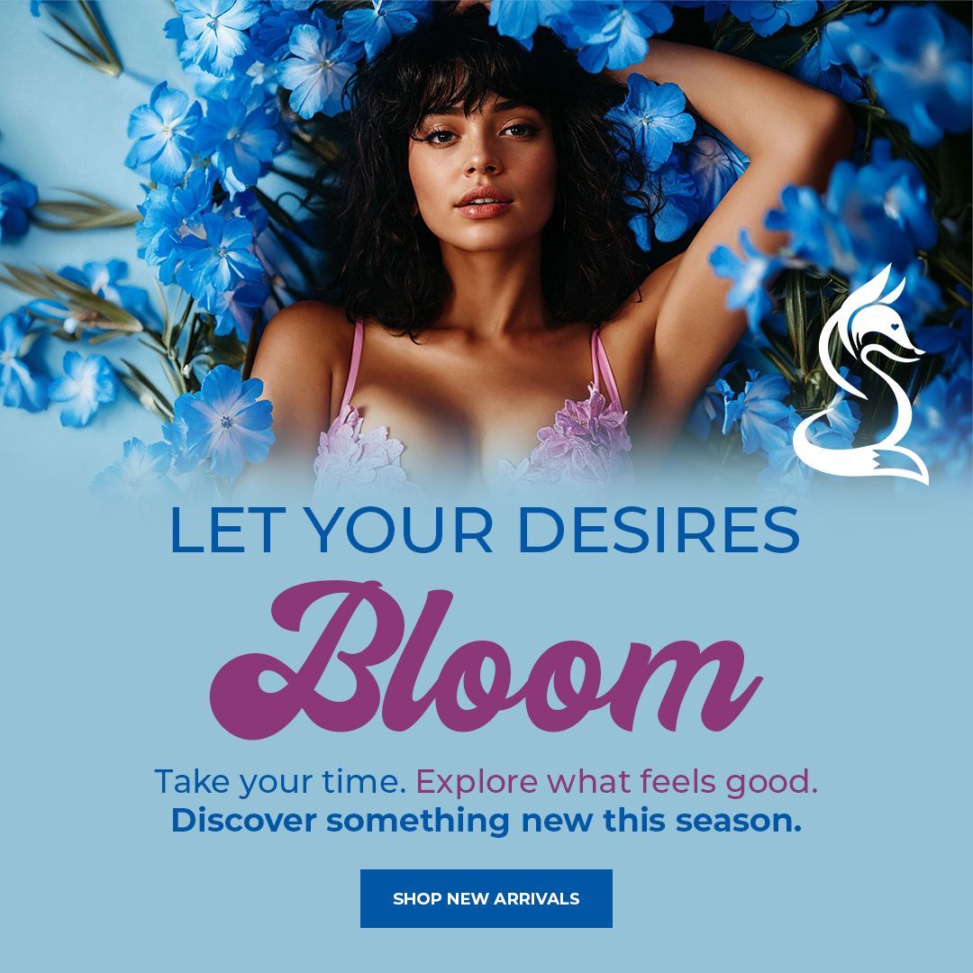 Woman among blue flowers with text “Let Your Desires Bloom” and a “Shop New Arrivals” button