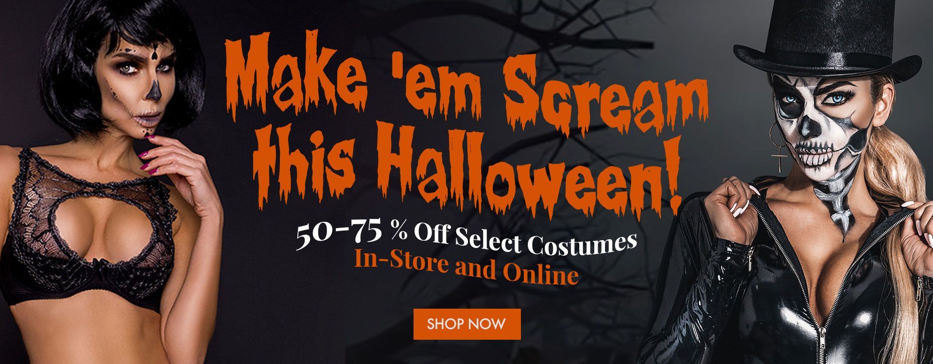 Two women in Halloween costumes, one in a bra, and text that says, 