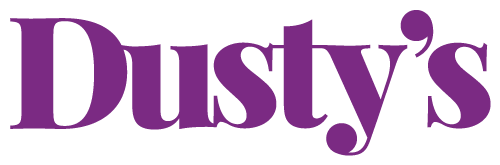A purple logo for dusty 's is on a white background.