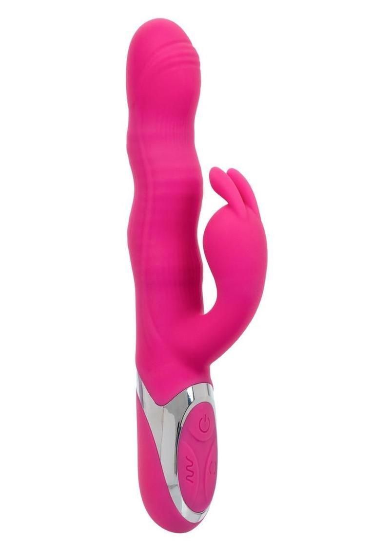 A bright pink, rabbit-style silicone vibrator with a textured shaft and a silver base featuring control buttons.