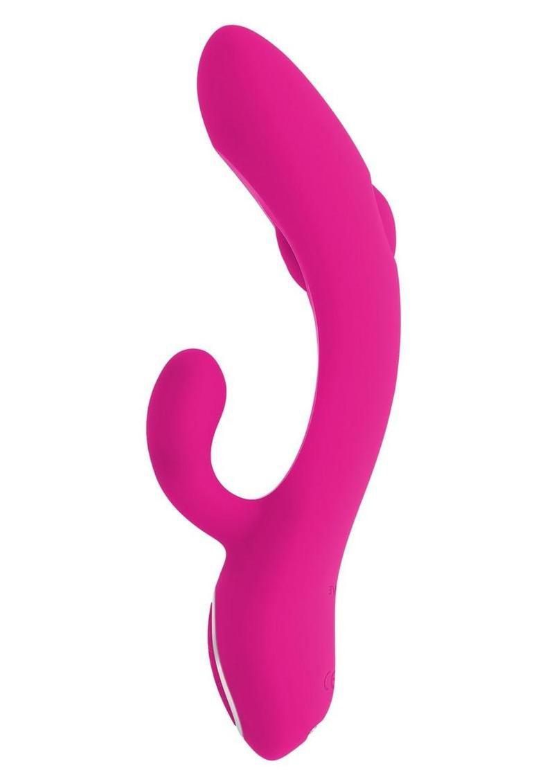 Pink vibrator with curved shape.