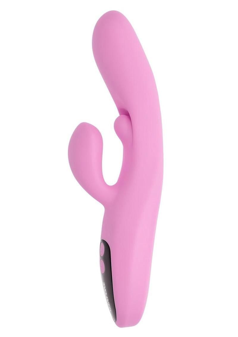 Pink, curved sex toy with a rounded head and a smaller, protruding appendage.