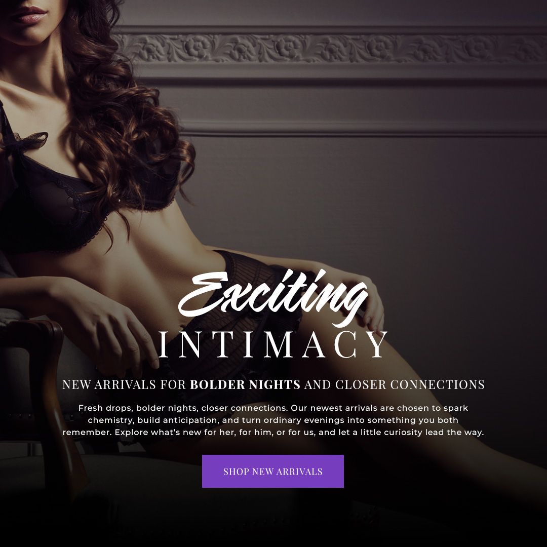 Woman in lingerie, seated, promoting new lingerie arrivals. Purple and black color scheme.