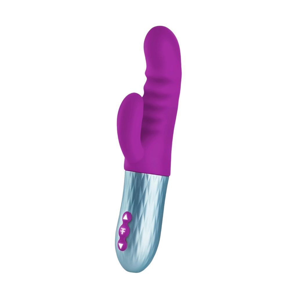 Purple and silver sex toy with textured head and control buttons.