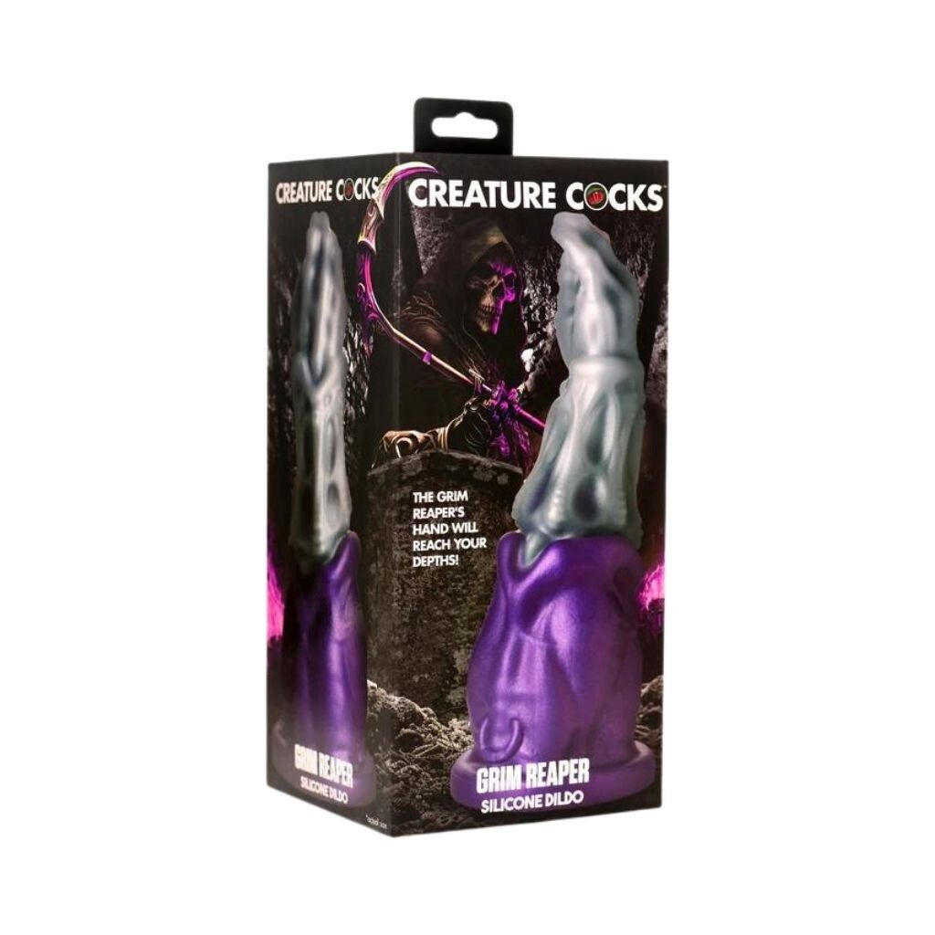 A box featuring a Grim Reaper-themed silicone dildo, with a gray hand-shaped shaft atop a purple base.