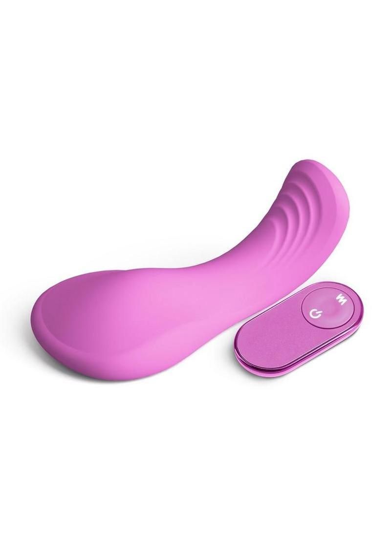 Pink, curved, vibrator with a remote control, against a white background.