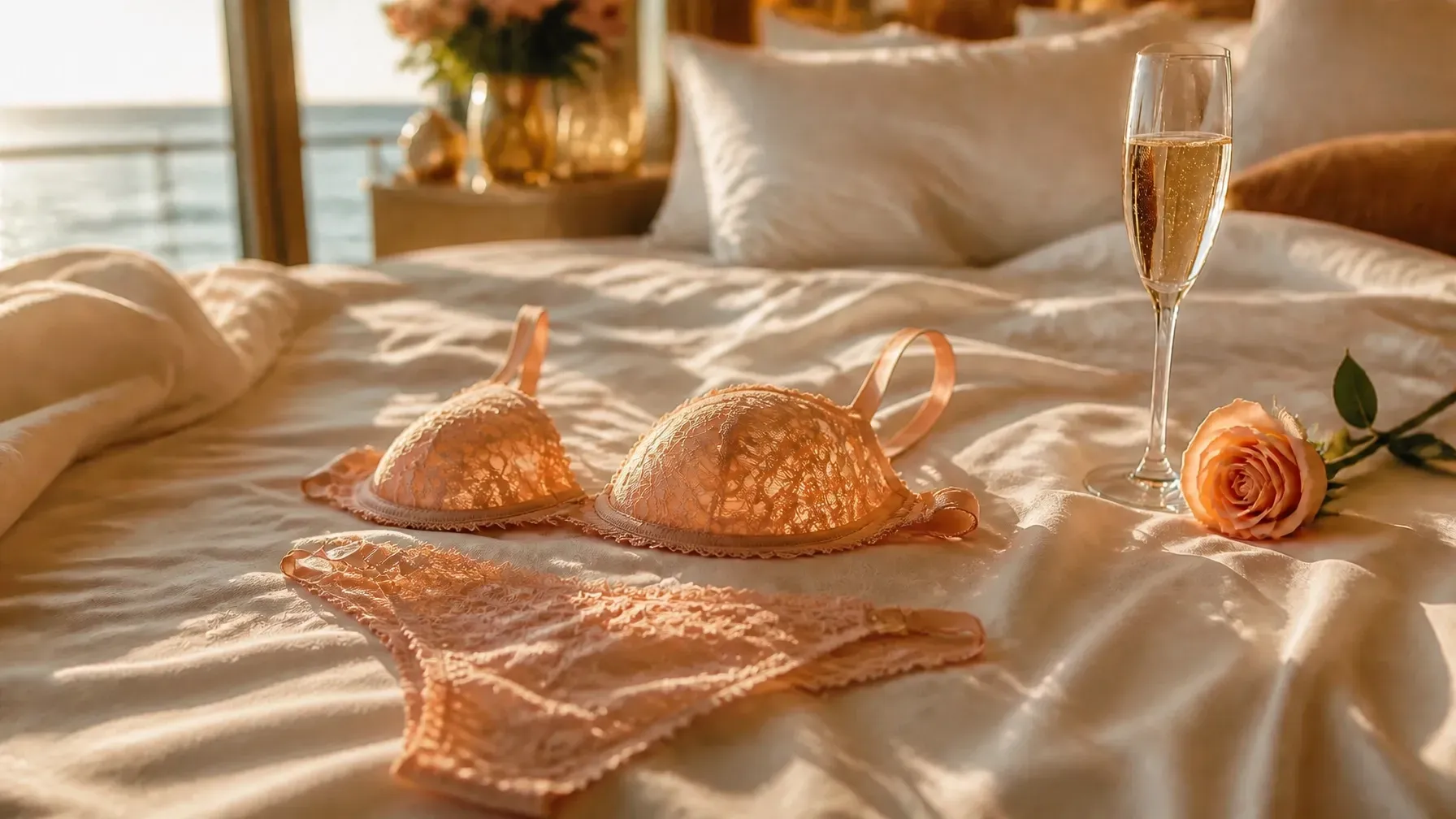 Lingerie laid out on a bed with rose petals, a champagne flute, and soft warm lighting