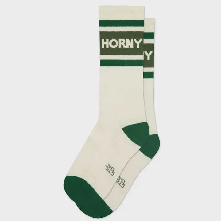 Cream and green sock with the word “HORNY” near the top.