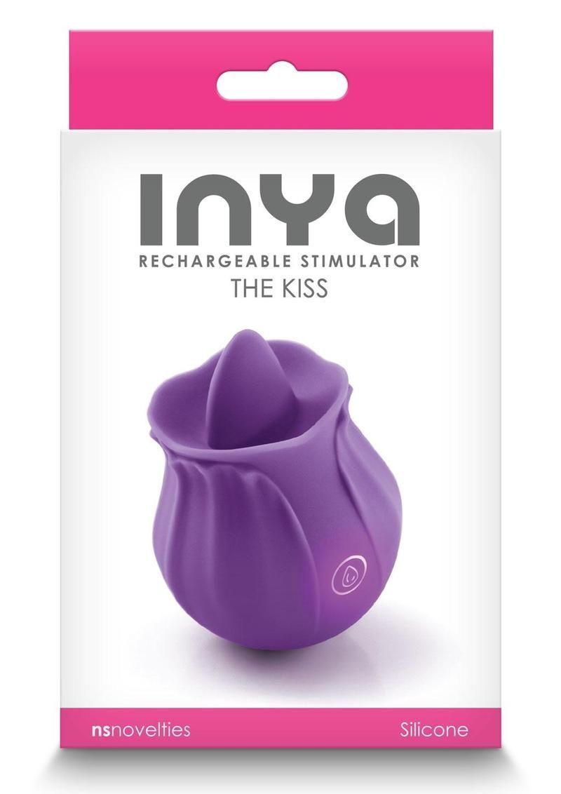 Packaging for INYO rechargeable simulator, The Kiss, with a purple silicone toy on a white and pink box