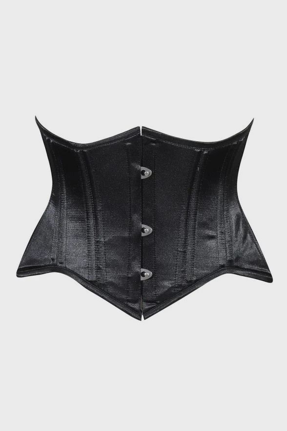 A black, satin-finish underbust corset featuring a pointed hem and a front metal busk closure.
