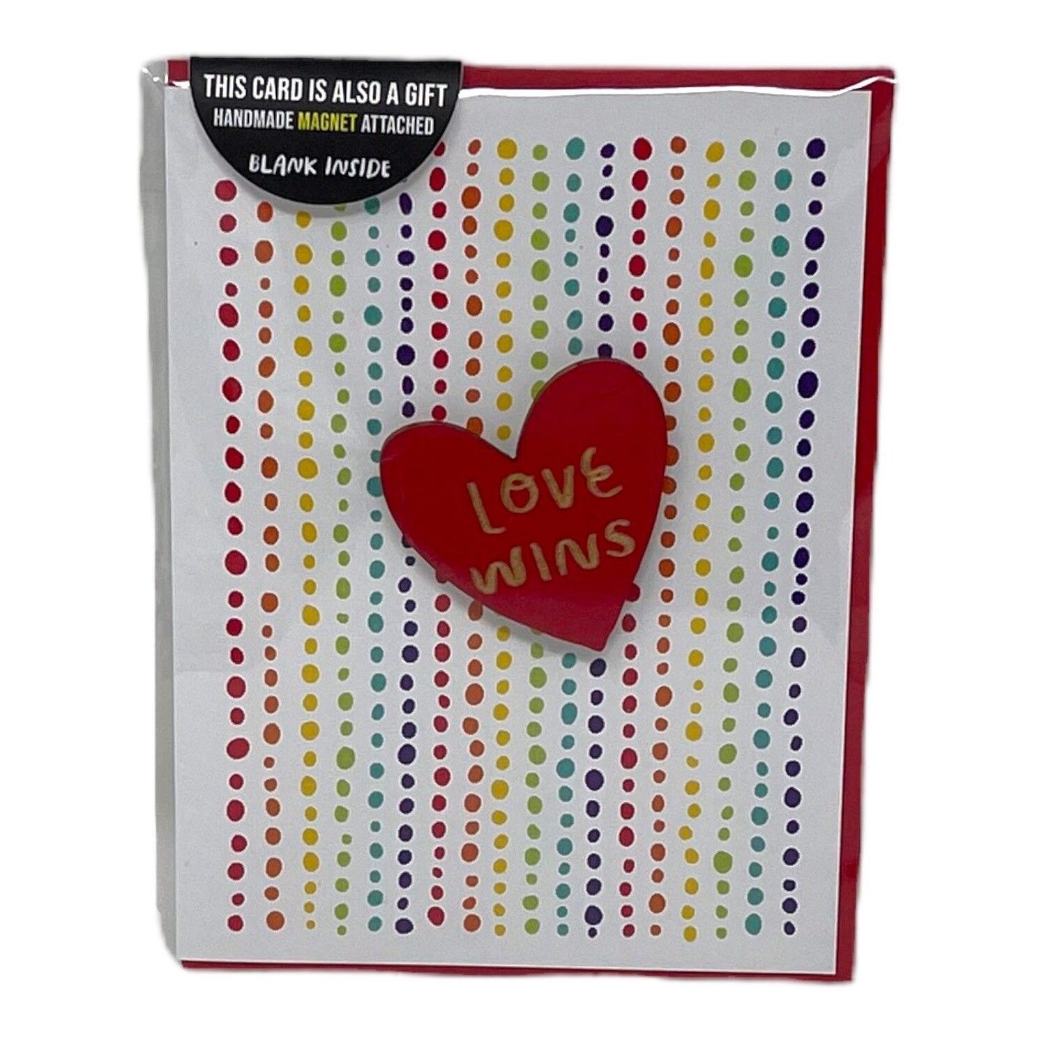 Greeting card with red heart and “love wins” on a dotted rainbow background