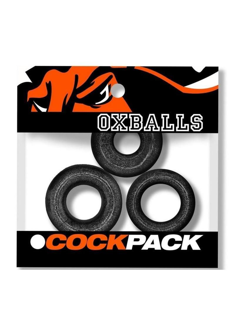 Package of three black OXBALLS cock rings on a black-and-orange retail card