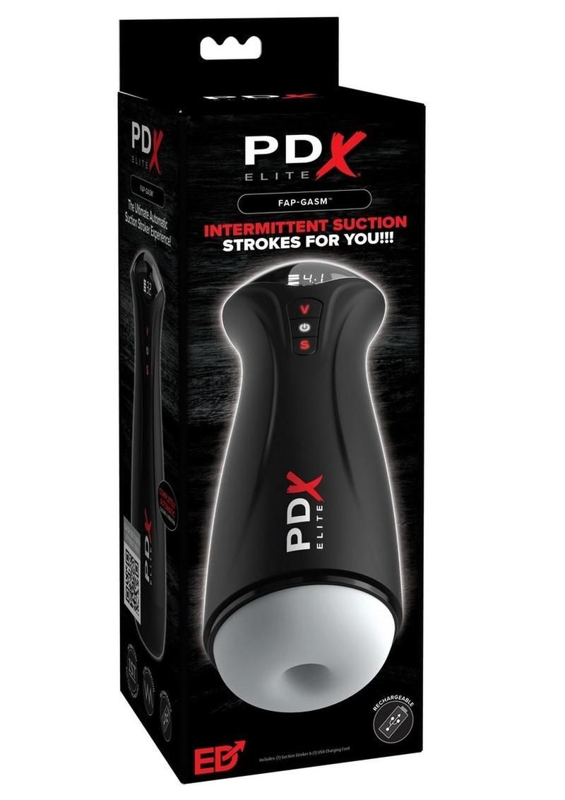 Black PDX Elite box for a male stroker sex toy with white base and red accents