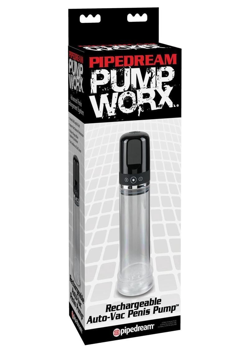Product packaging for a black and clear Pipedream Pump Worx rechargeable automatic vacuum pump.