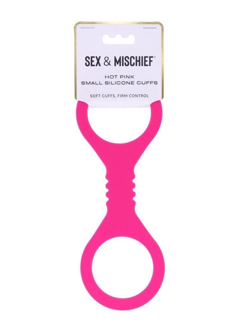 Hot pink silicone sex cuff toy, with brand label 