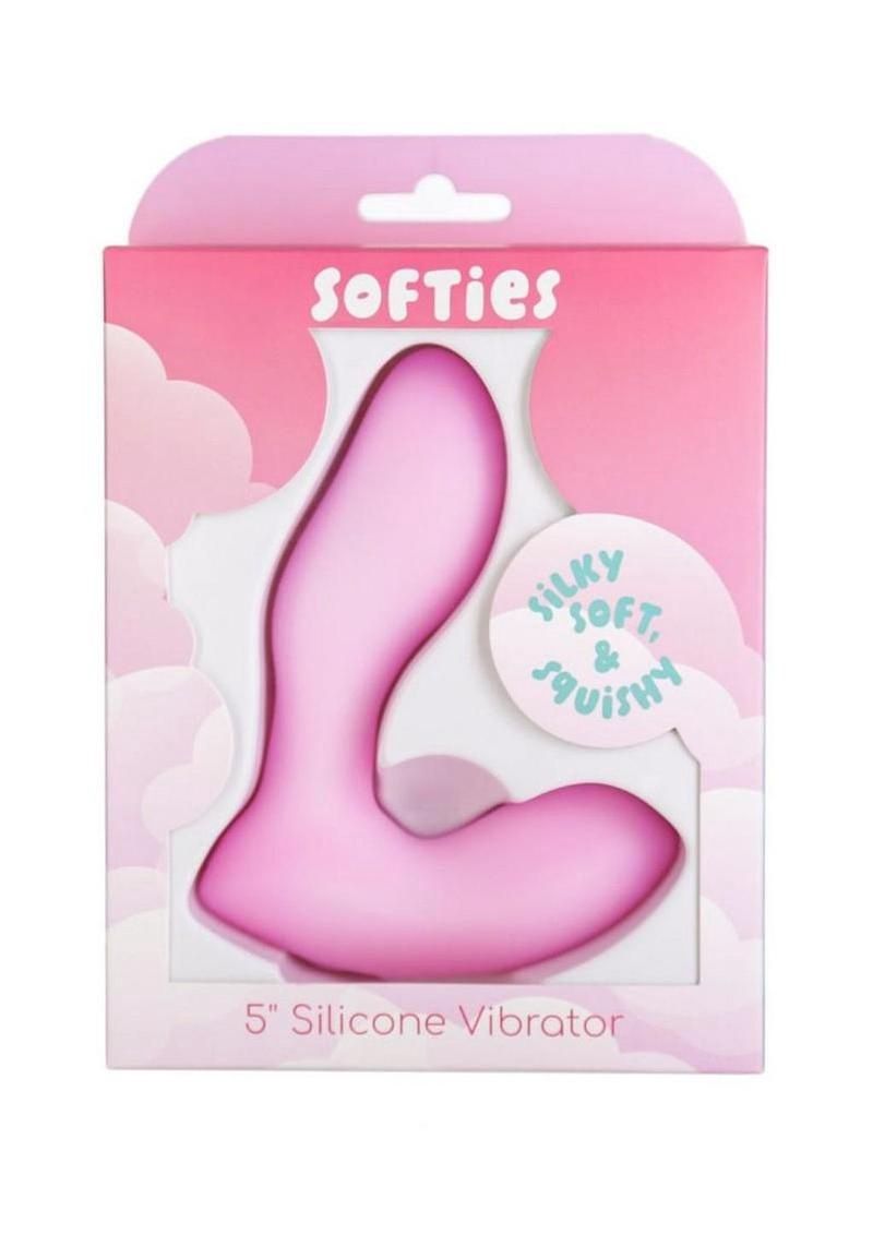 Pink Softies silicone vibrator in retail packaging with white and pink design