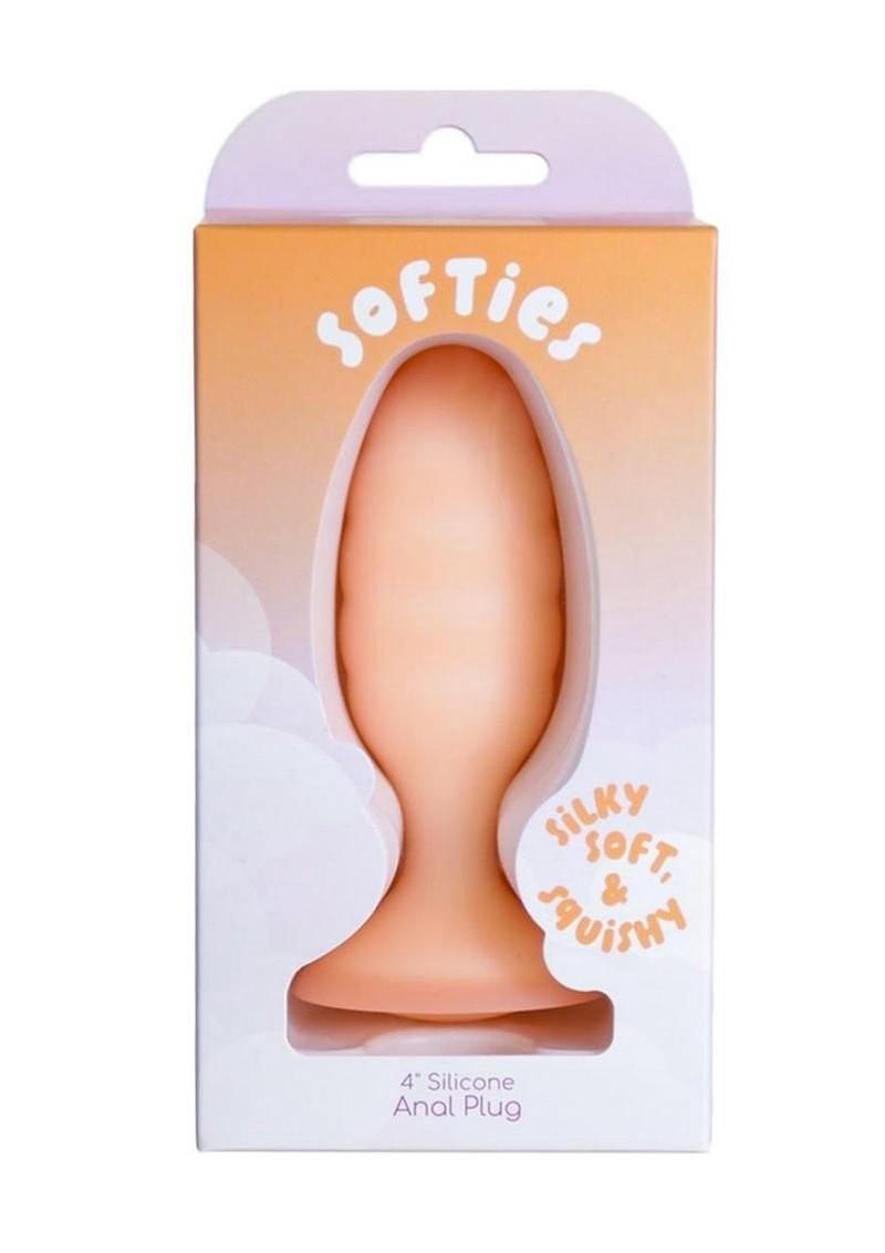 Packaging for a peach-colored silicone anal plug with soft pastel colors and “Softies” branding