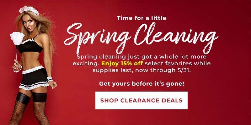 A person in a black-and-white uniform holds a feather duster on a red background with text promoting a spring sale.