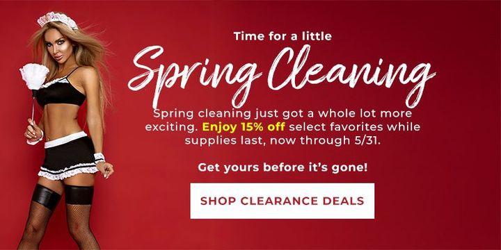 A person in a black-and-white uniform holds a feather duster on a red background with text promoting a spring sale.