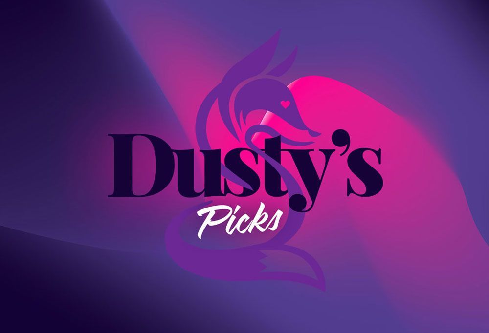 A logo for dusty 's picks with a pink horse on a purple background