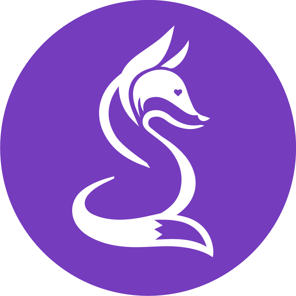 A white fox is sitting in a purple circle.