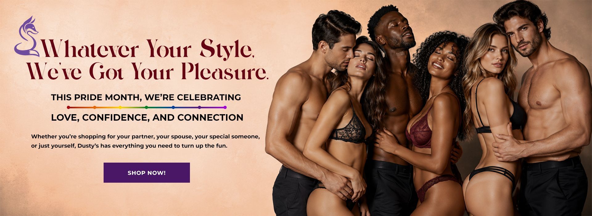 Promotional banner with shirtless models and red text: “Whatever Your Style, We’ve Got Your Pleasure.”