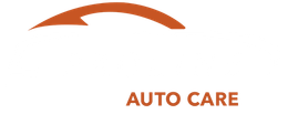 Logo with an orange arc above the text 
