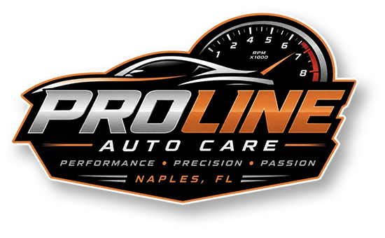 ProLine Auto Care logo with speedometer graphic in black, white, and orange, Naples, FL