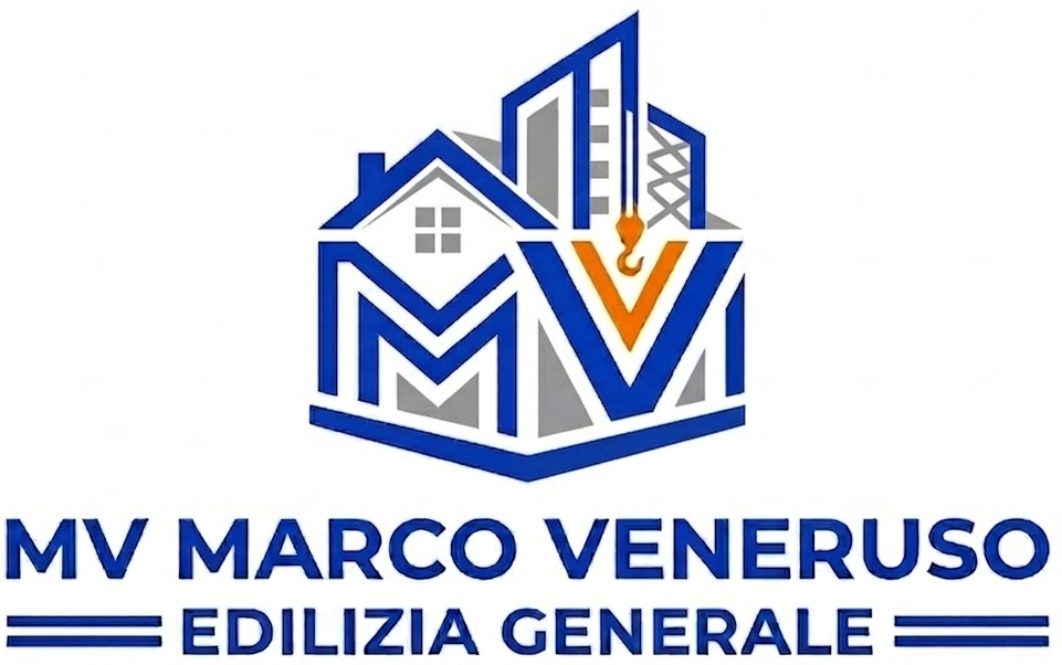 Logo aziendale di Marco Veneruso Edilizia Generale, caratterizzato da sagome stilizzate di edifici nei colori blu e arancione e dalle lettere MV.