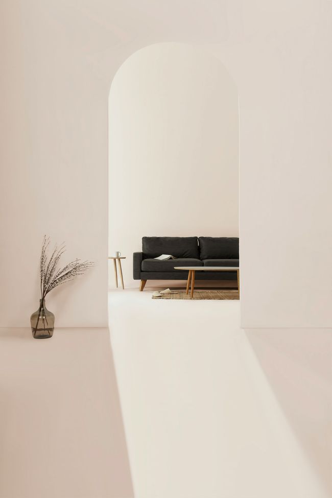 Minimalist living room with a black sofa, white arched wall, and a vase with branches on the floor.