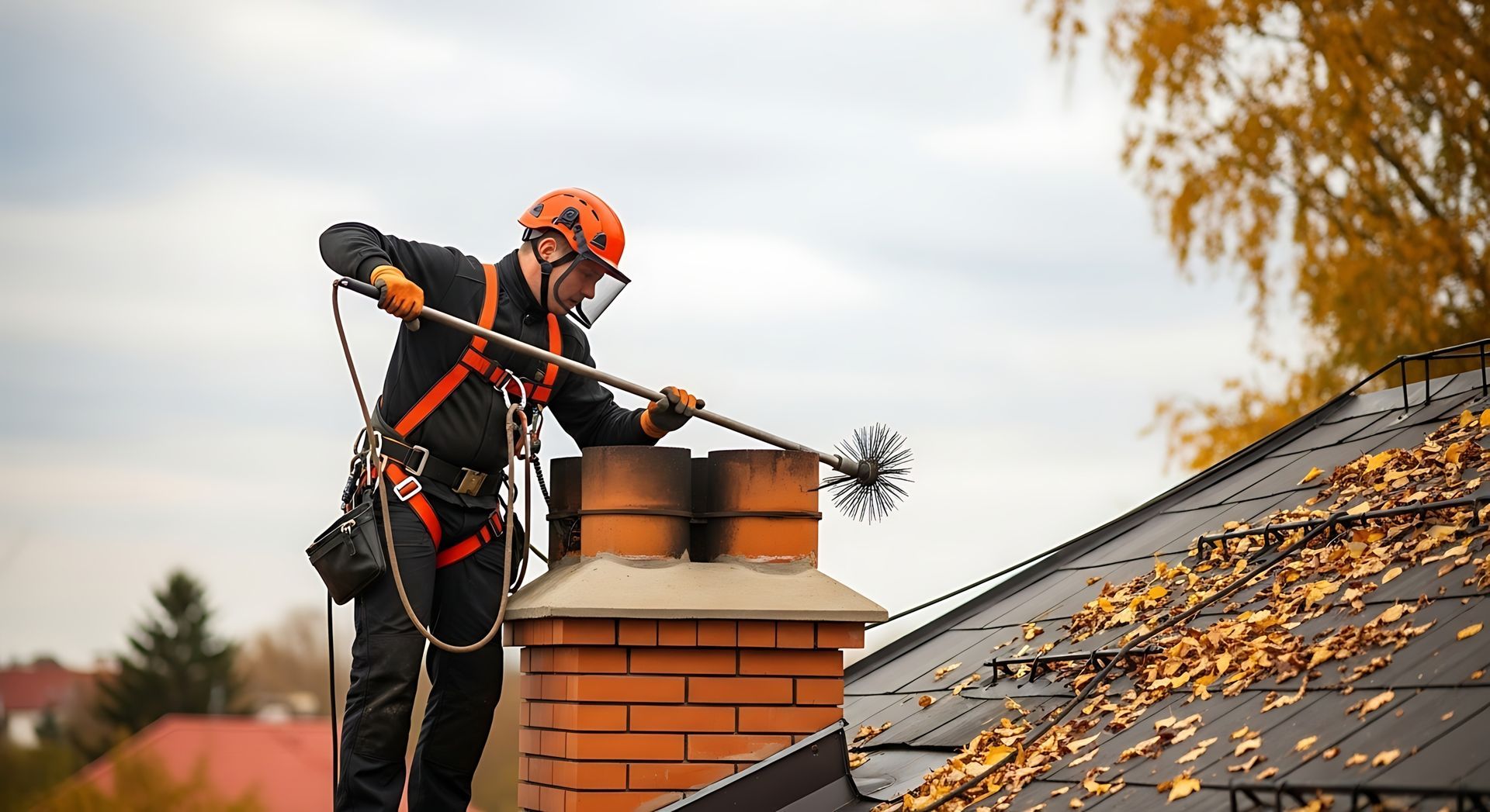 Worker cleaning chimney on residential rooftop.