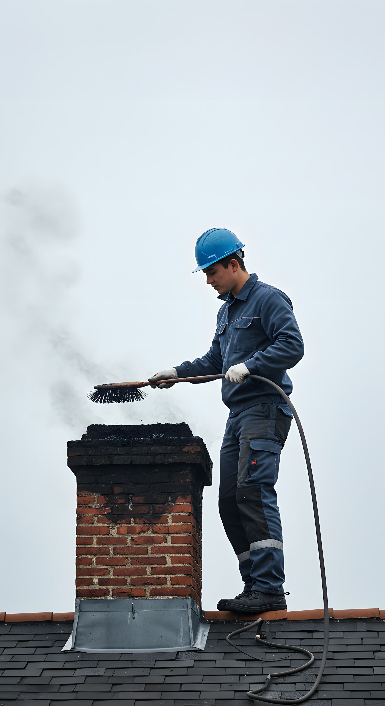 Worker cleaning chimney with brush while standing on rooftop.