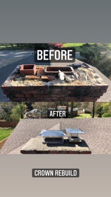 Comparison of a brick chimney before and after; the 