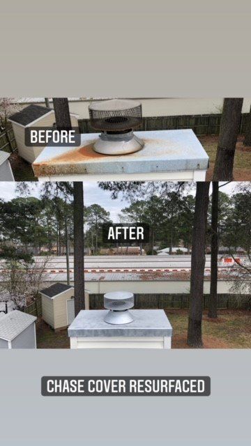 Before and after view of a chase cover resurfacing. The 