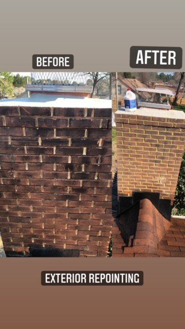 A split screen shows a brick chimney before and after repointing. The 
