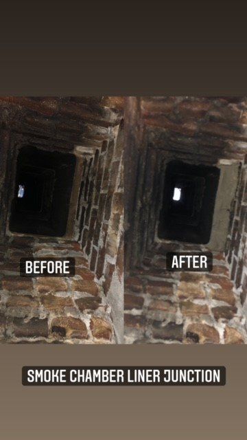 Comparison of a brick chimney interior before and after a smoke chamber liner junction repair.  The dark opening is visible.