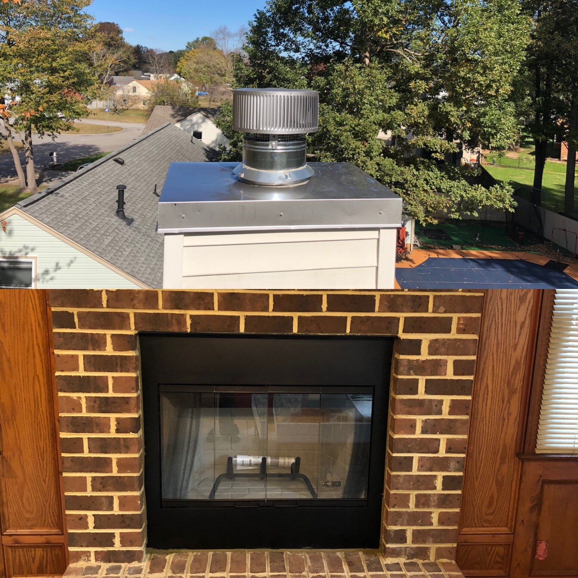 Top: Chimney with a rotating vent on a roof. Bottom: Brick fireplace with a black interior.
