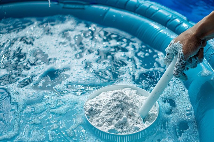 Hand scooping white powder from a blue kiddie pool filled with water and foam