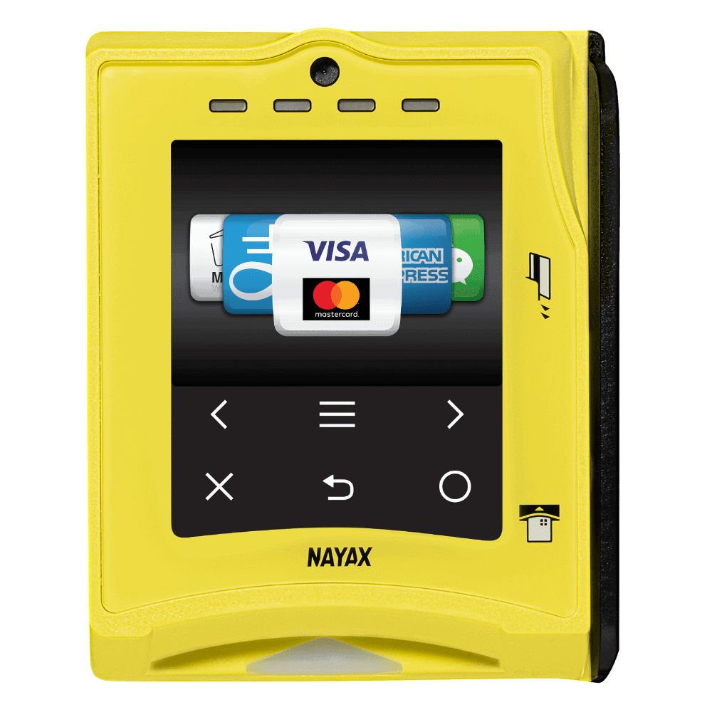 A yellow nayax device with a visa card on the screen