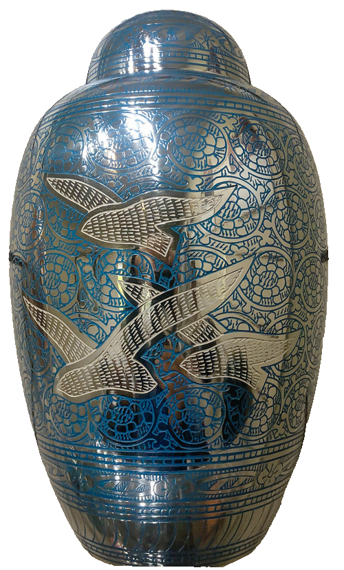 Blue cremation urn with silver birds in flight.