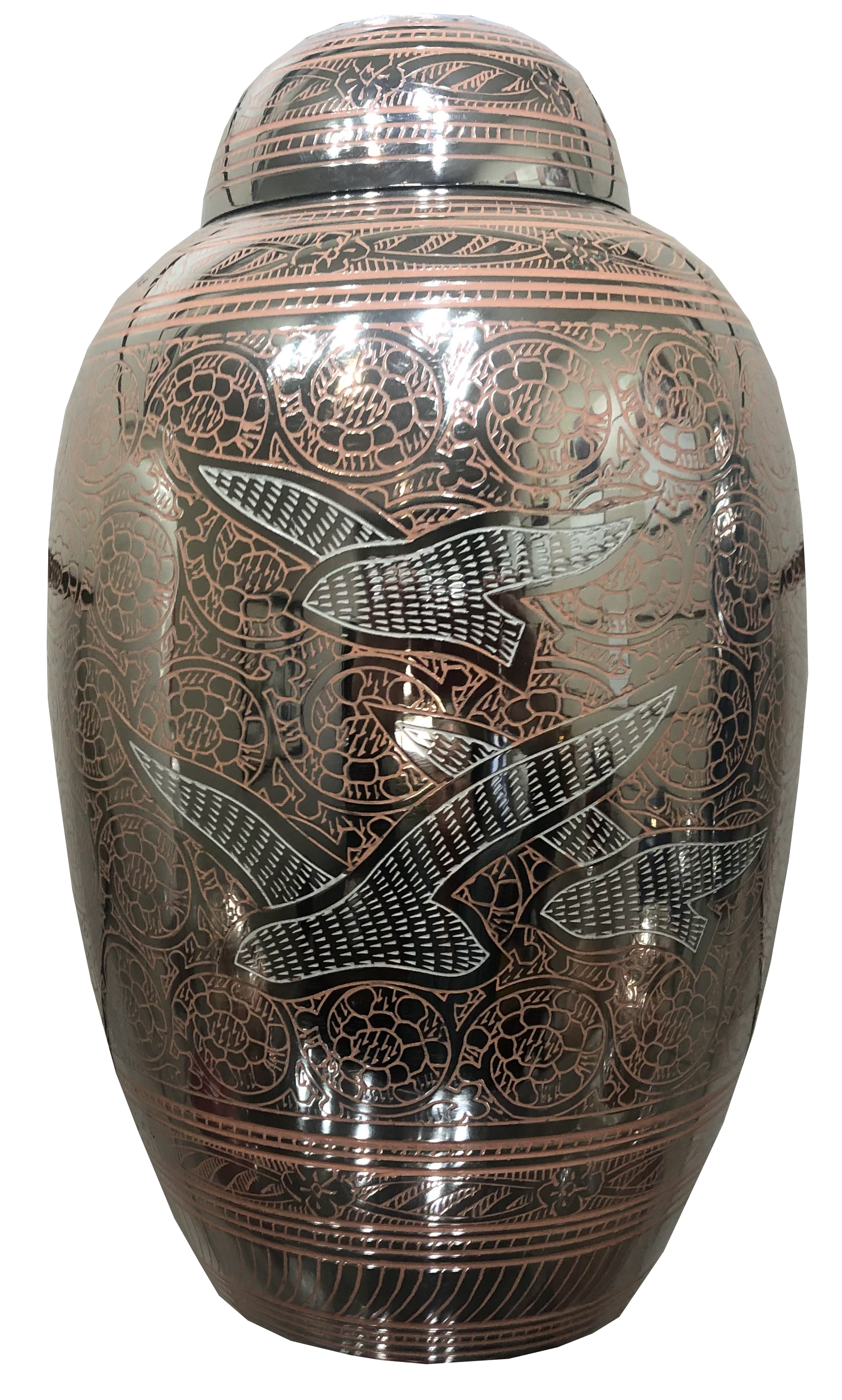 Bronze urn with flying bird design.
