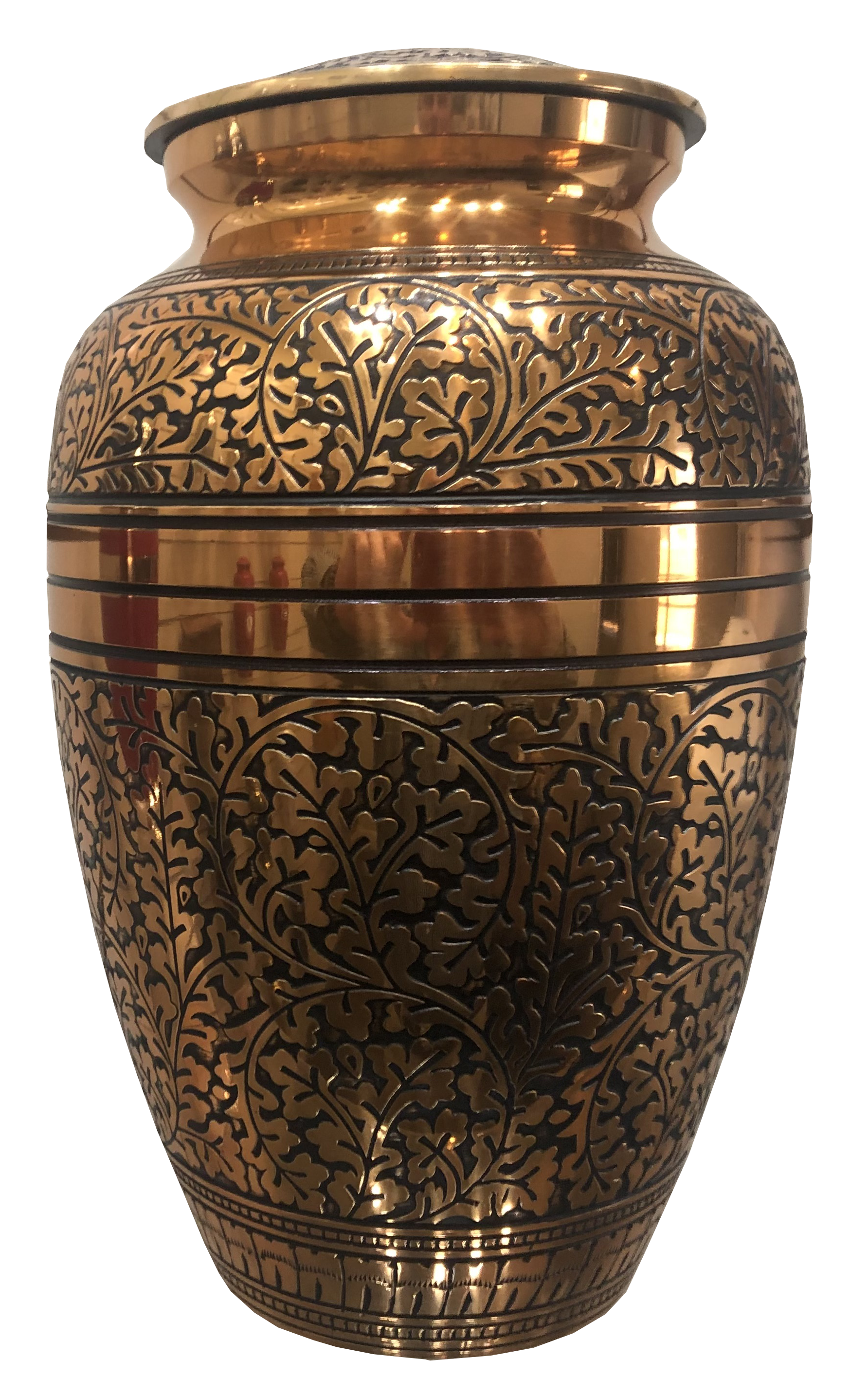Gold urn with black etched floral design and horizontal bands.