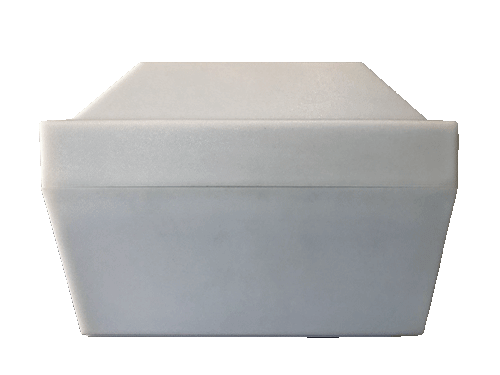 White plastic device with a trapezoidal base and a stepped top.