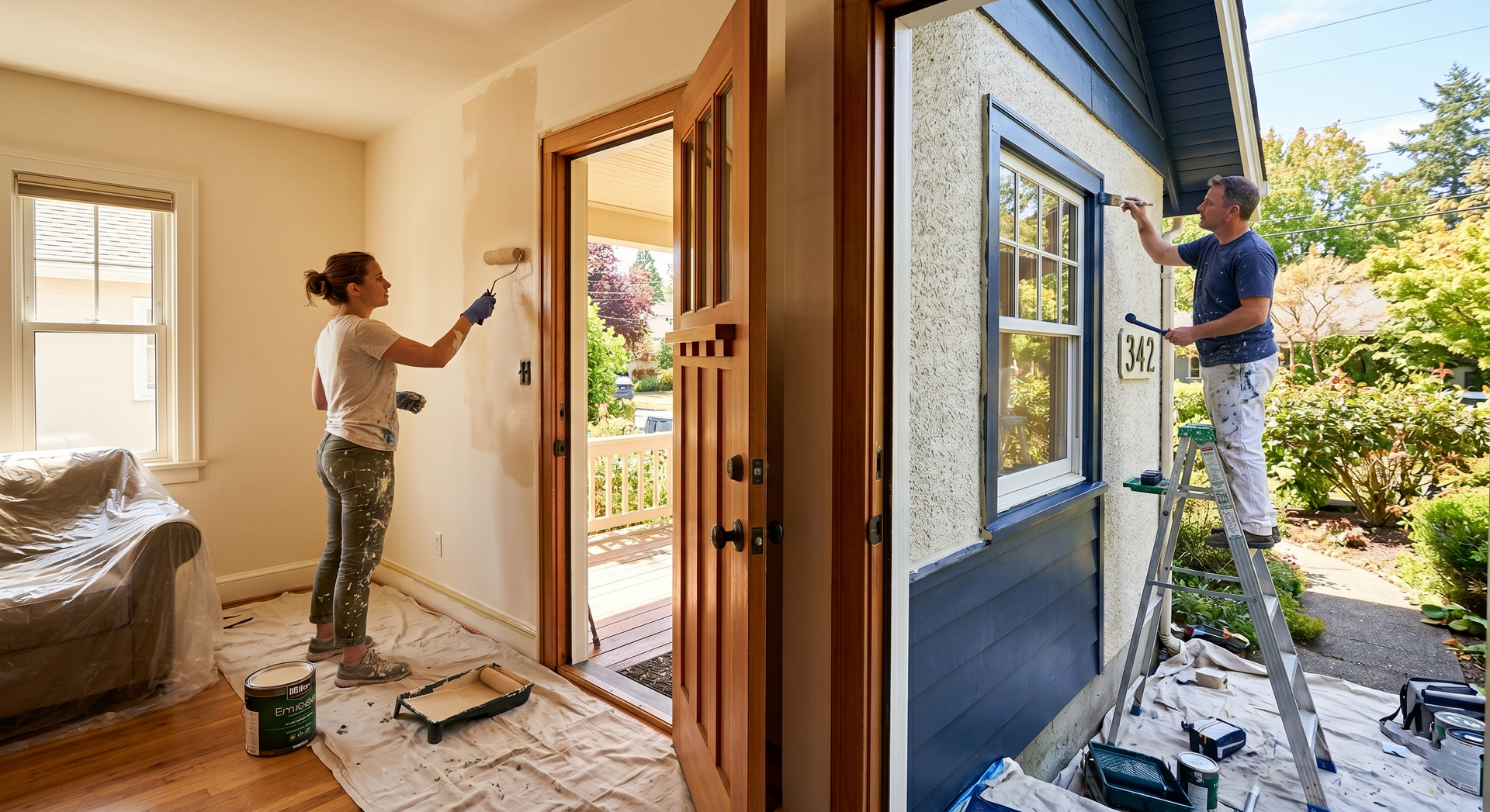 Interior and exterior painters working on a home's front door and siding.
