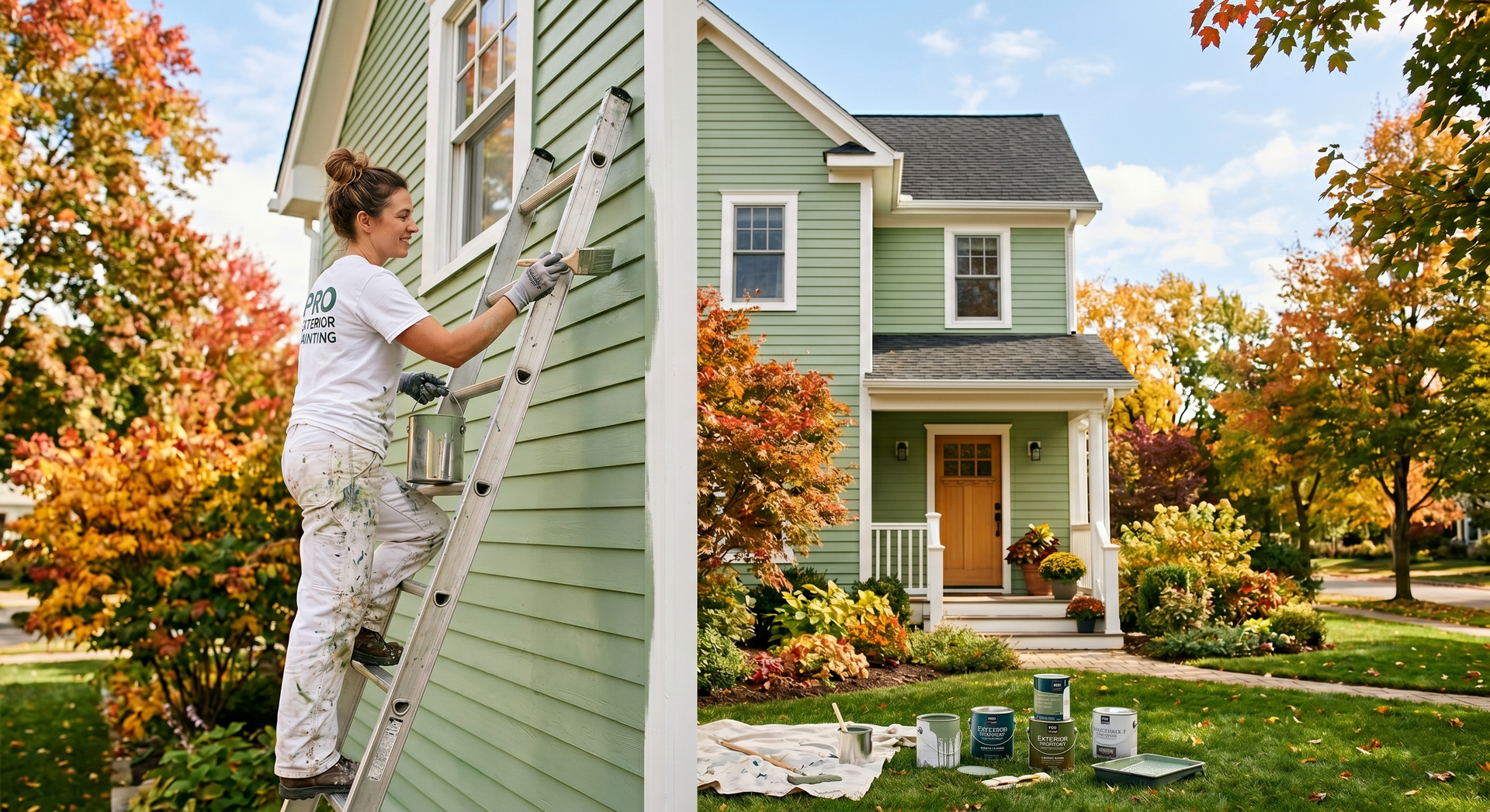A painter in white clothing on a ladder paints the exterior of a green house during a sunny autumn day.