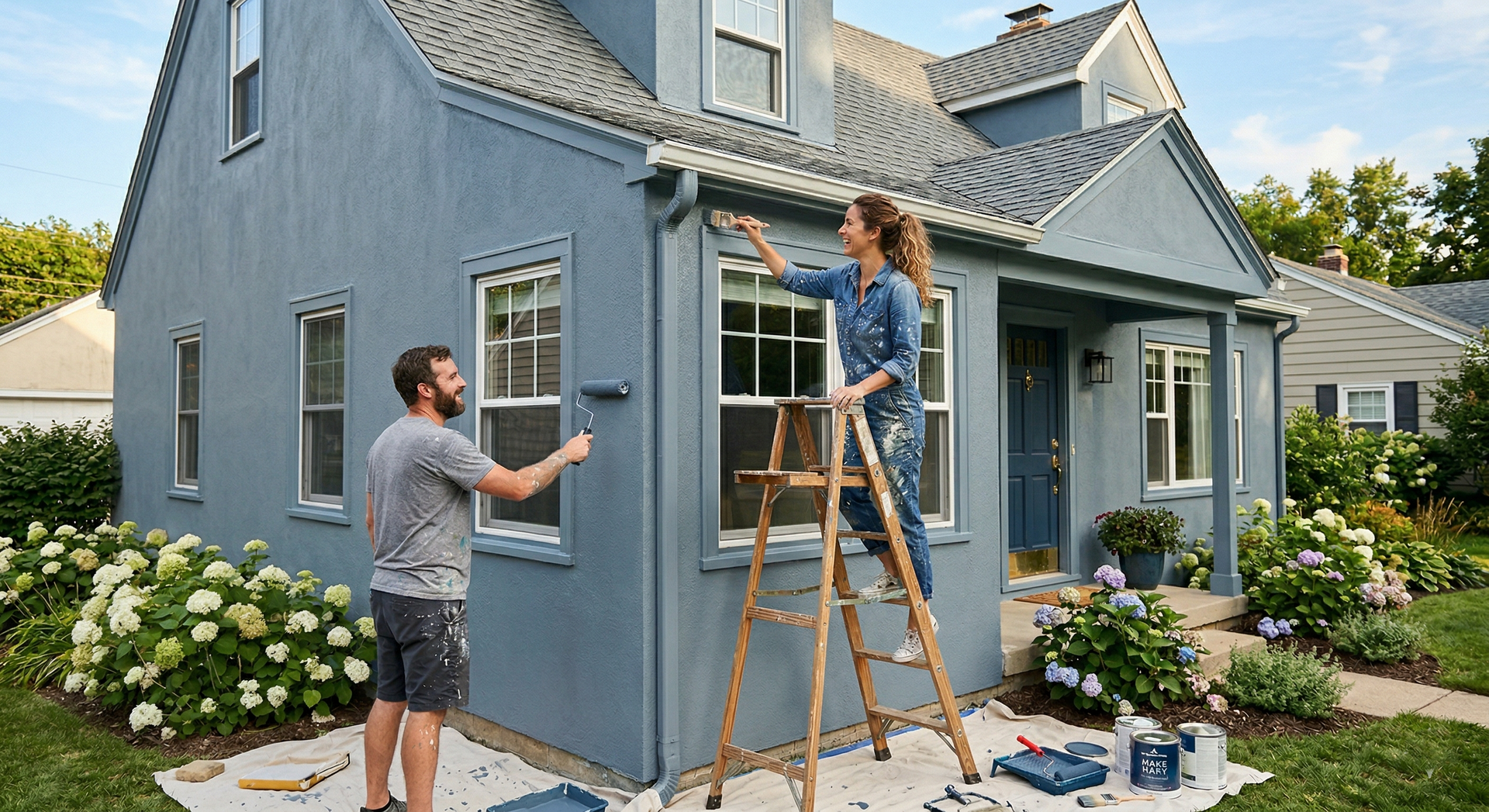 Two people paint the blue exterior of a house; one uses a roller on the wall while the other reaches up from a ladder.